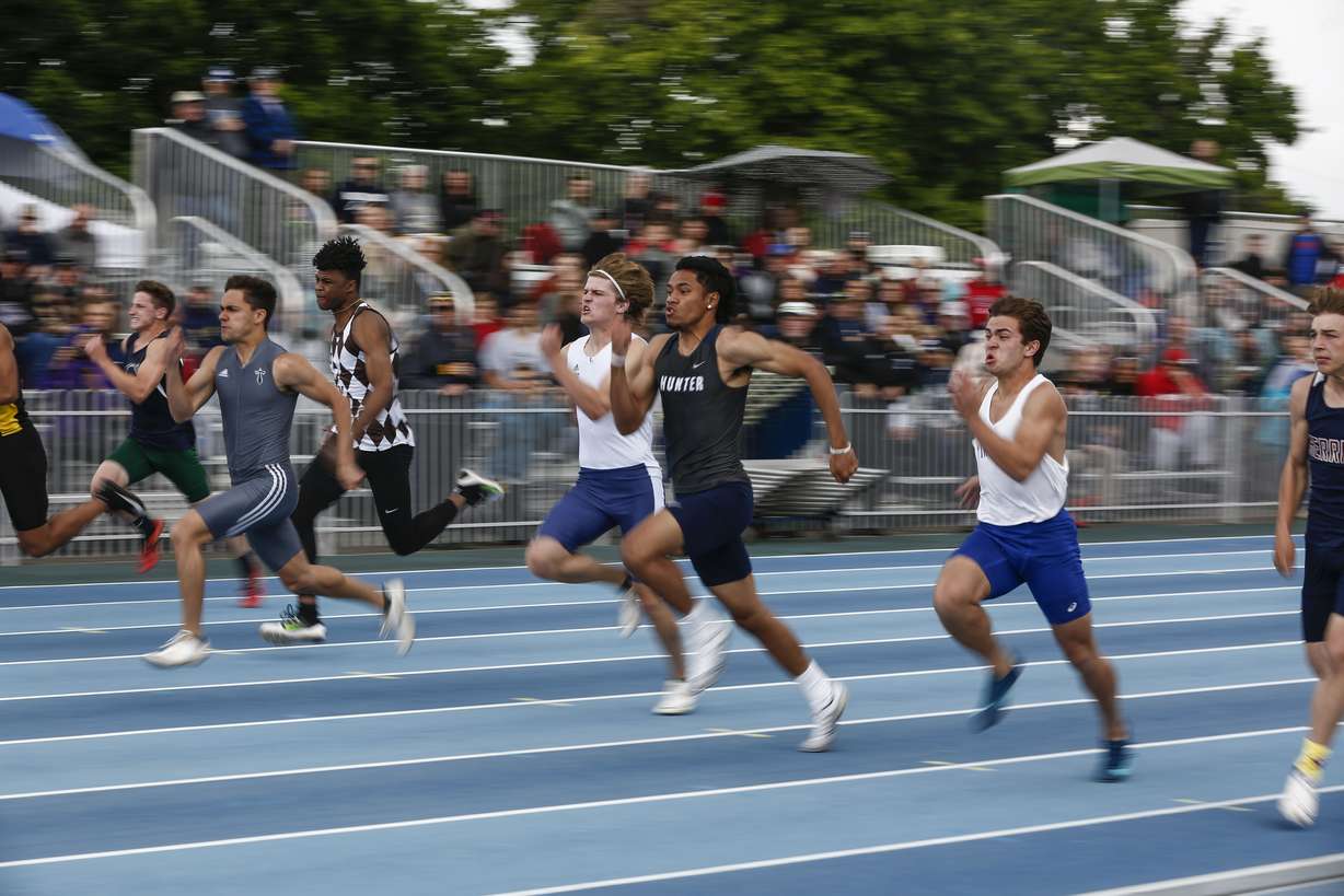Niki Taukeiaho competes in the boys 6A 100m race during the Utah state boys track meet finals at BYU's track and field complex in Provo on Saturday, May 18, 2019. (Photo: Silas Walker, KSL)