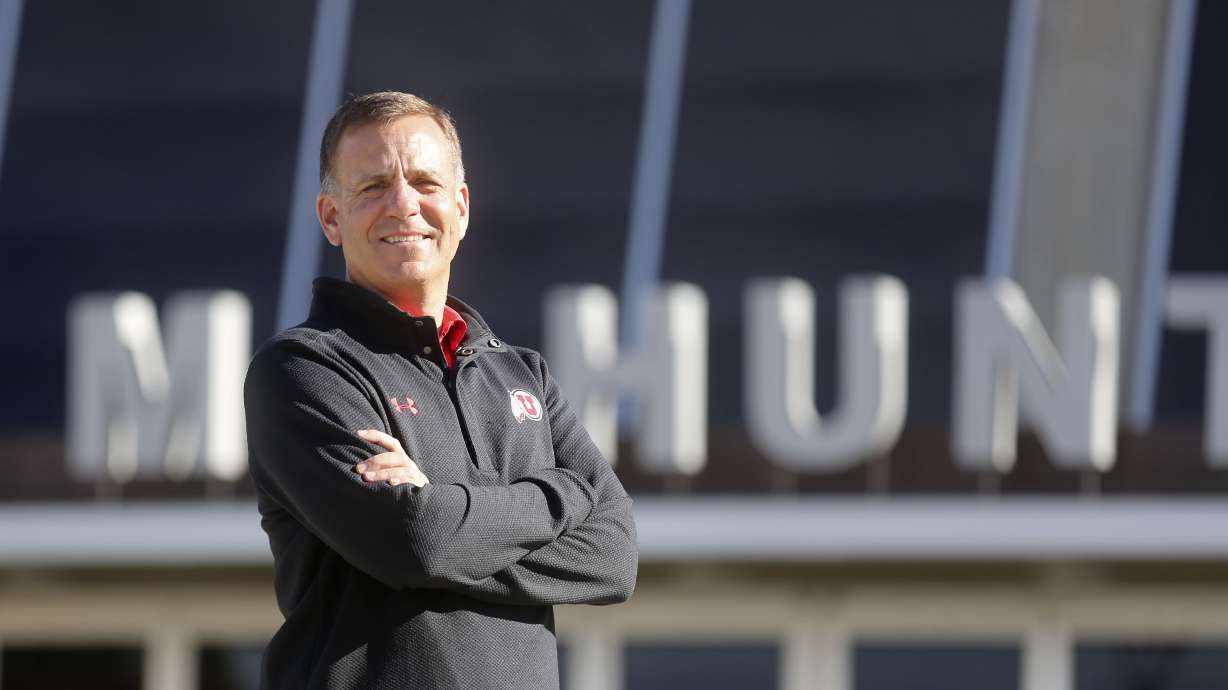 University of Utah athletic director Mark Harlan poses for a portrait outside of the Huntsman Center in Salt Lake City, on Thursday, May 30, 2019.