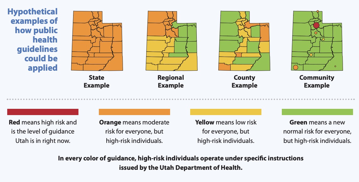 These maps, created by Utah's Economic Response Task Force, shows the variations of restrictions in Utah that may occur in the future. The entire state remains in red, which is high risk. (Graphic: Utah) Economic Response Task Force)