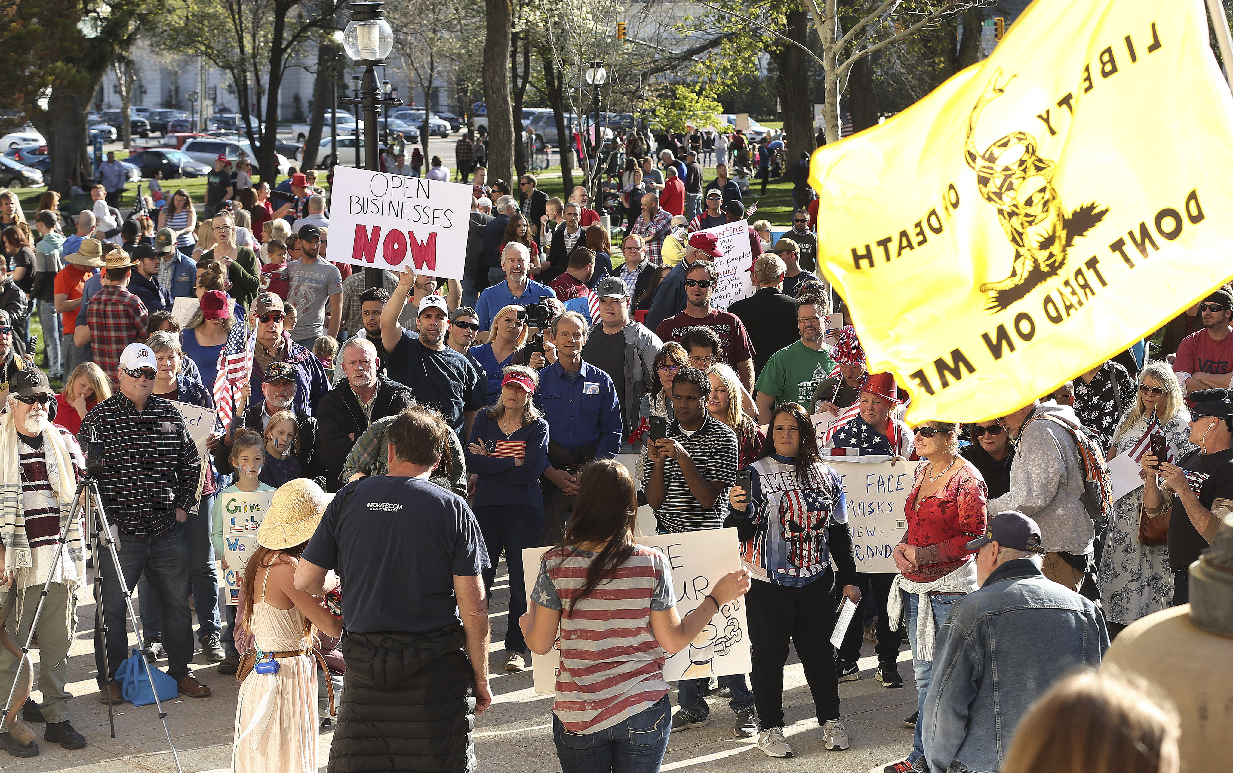 Utahns rally against a state stay-at-home request at the Salt Lake City-County Building in Salt Lake City on Saturday, April 18, 2020. (Photo: Jeffrey D Allred, KSL)