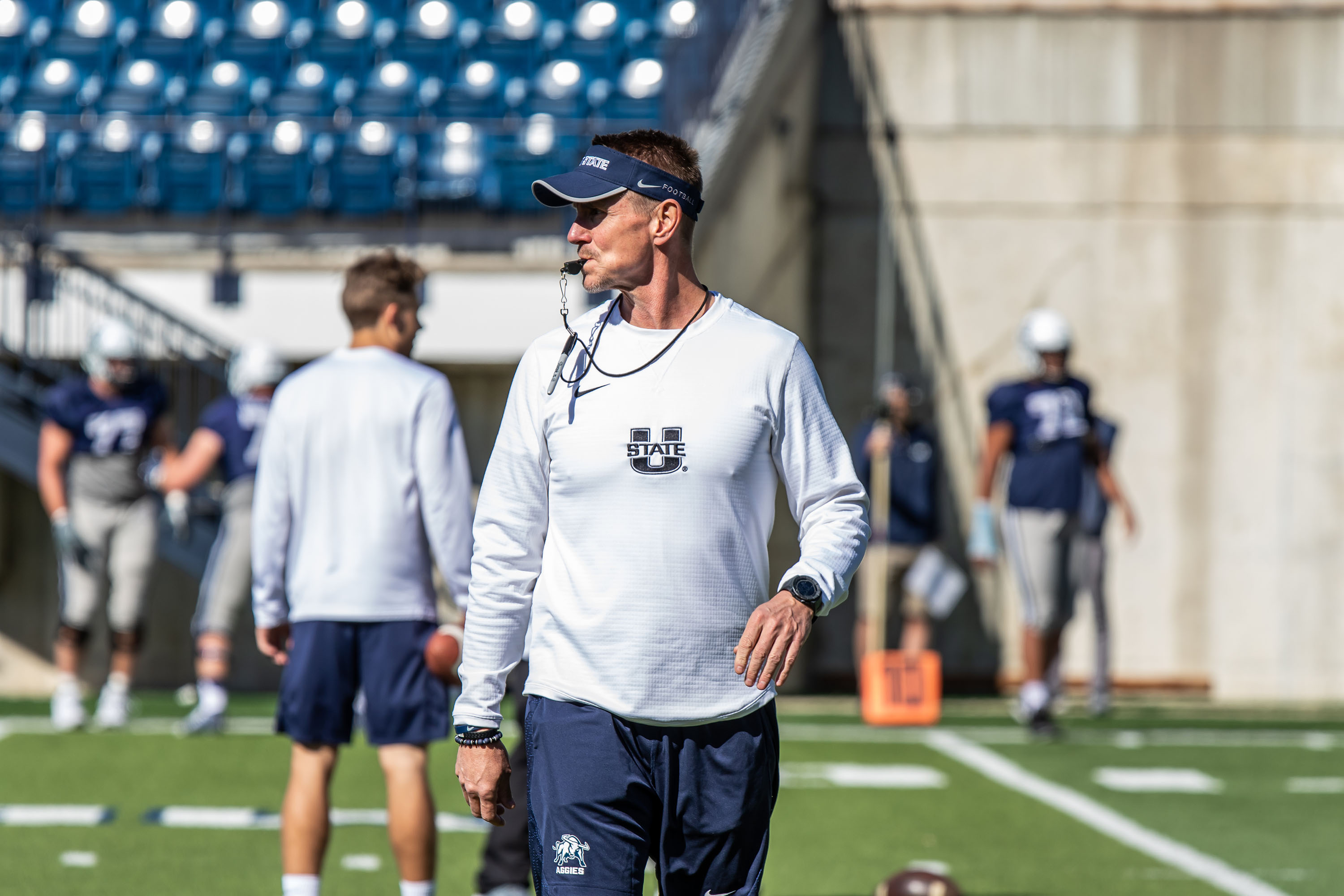 Utah State football coach Gary Andersen during spring camp at Maverik Stadium in Logan. (Photo: Rick Parker, USU Athletics)