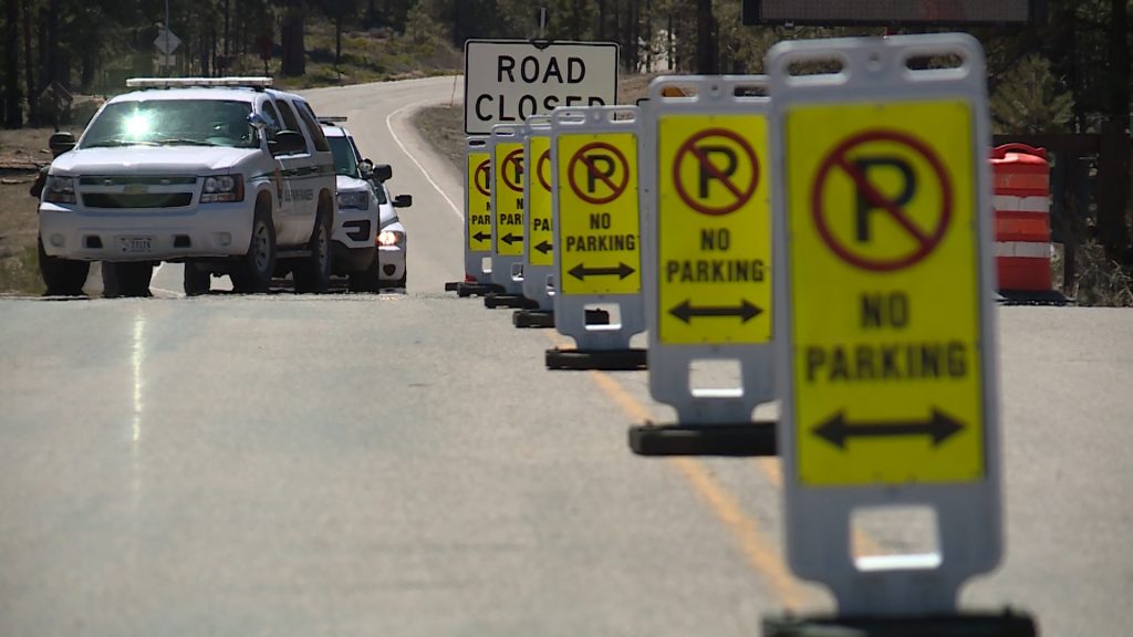 No parking signs line the road to Bryce Canyon National Park, which has been closed due to the COVID-19 pandemic, Tuesday, April 21, 2020. (Photo: KSL TV)