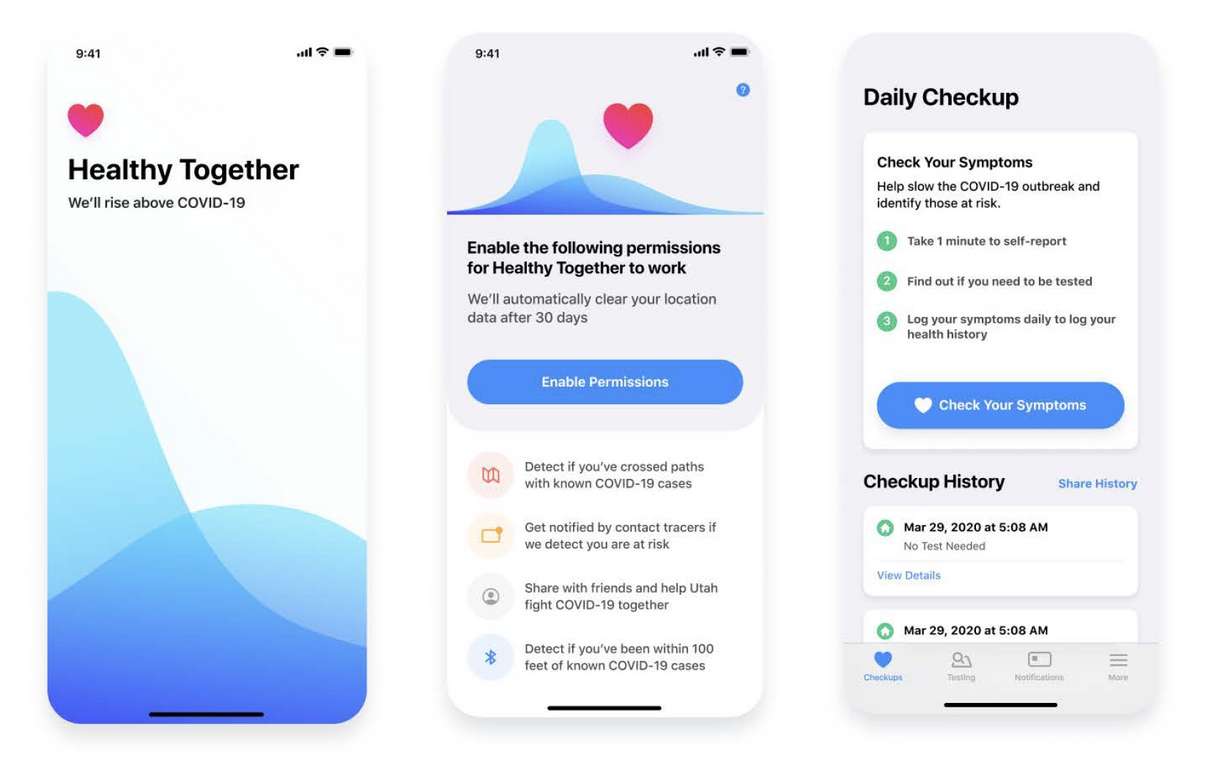 These mobile screenshots, provided by the Utah Governor's Office, show the various screens of the Healthy Together app, which launched on Wednesday, April 22, 2020. State officials say they hope the app helps better track COVID-19 in Utah. (Photo: Utah Governor's Office)
