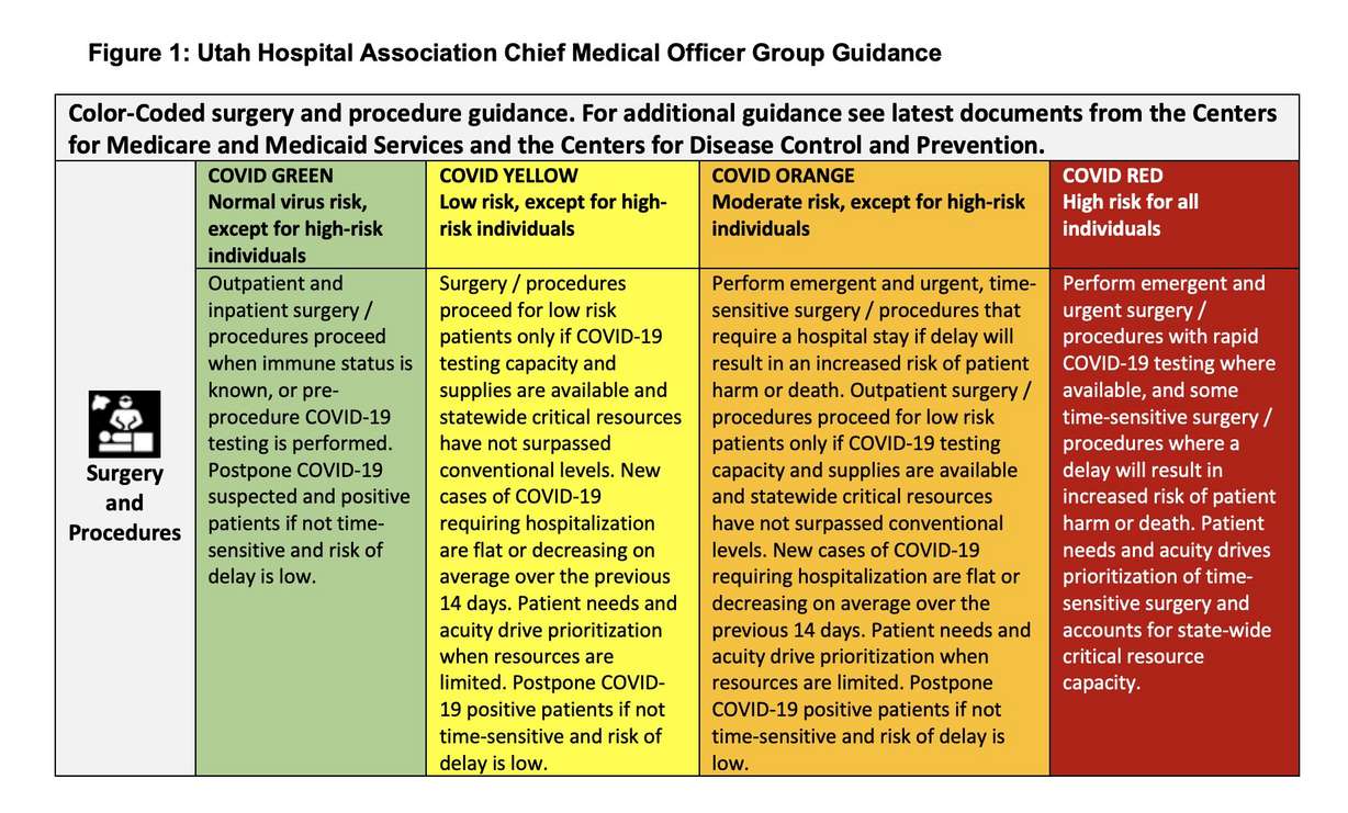 This chart shows the four zones outlined in the Utah Hospital Association's roadmap for the resumption of elective surgeries at Utah medical facilities. (Graphic: Utah Hospital Association)