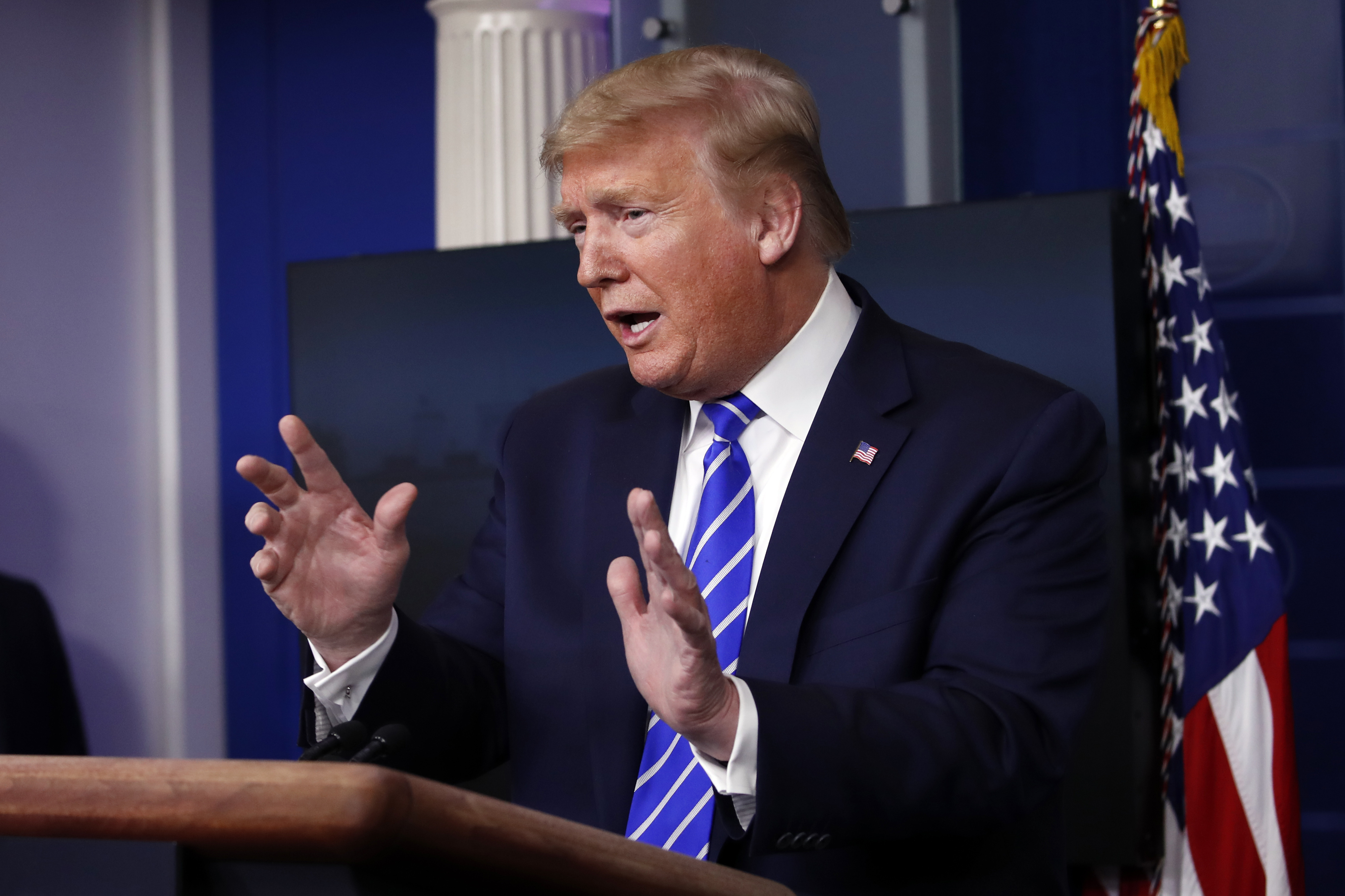 President Donald Trump speaks about the coronavirus in the James Brady Press Briefing Room of the White House, Thursday, April 23, 2020, in Washington. (AP Photo/Alex Brandon)