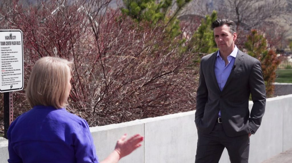 KSL Investigator Mike Headrick talks with Kristen Chevrier, co-founder of “Your Health Freedom,” Thursday, April 23, 2020. (Photo: KSL TV)