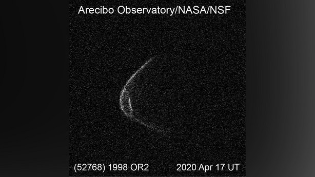 This Doppler radar image of asteroid 1998 OR2 makes it appear as though the asteroid is wearing a face mask. (Arecibo Observatory/NASA/NSF)