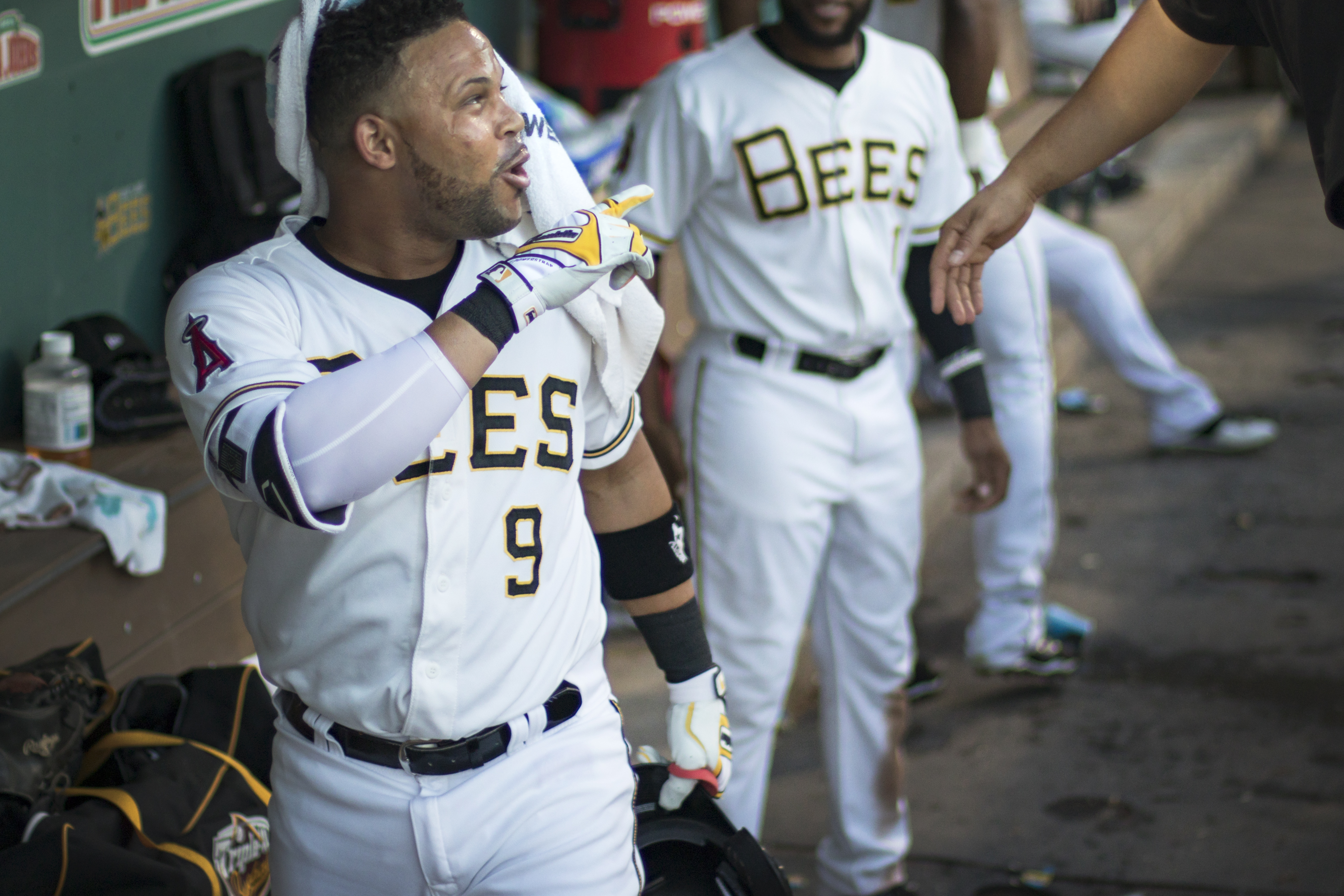 Former Salt Lake Bees infielder Jose Miguel Fernandez, shown here in the dugout in 2018, hit .344 with a .483 slugging percentage, 88 RBI and 15 home runs as a designated hitter with the Doosan Bears of the KBO League. (Photo: Carter Williams, KSL.com)