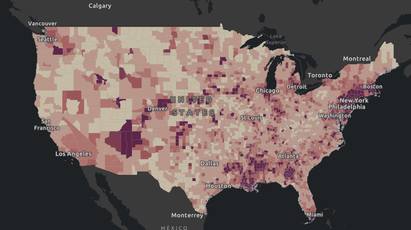 This map, created by Johns Hopkins University, shows COVID-19 cases per capita by county in the United States as of Tuesday, May 5, 2020. The darker colors on the map indicate a higher case rate. (Graphic: Johns Hopkins University)