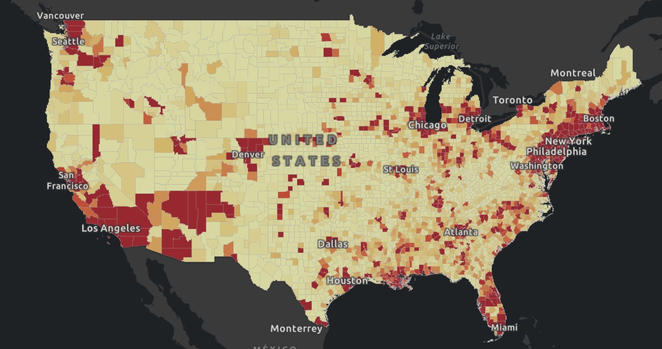 This map, created by Johns Hopkins University, shows total COVID-19 cases by county in the United States as of Tuesday, May 5, 2020. The darker colors on the map indicate a higher case rate. (Graphic: Johns Hopkins University)