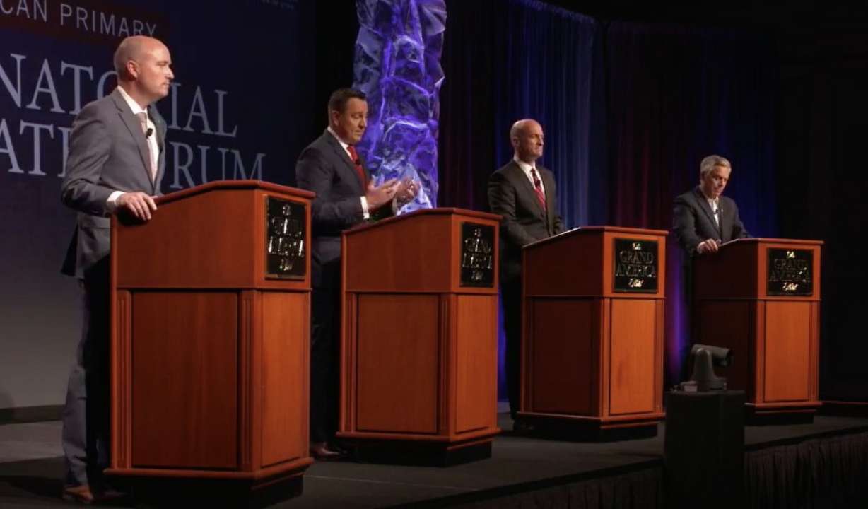 From left: Lt. Gov. Spencer Cox, former Utah House Speaker Greg Hughes, former Utah GOP Chairman Thomas Wright, and former Utah Gov. Jon Huntsman Jr. debate at the Grand America Hotel in downtown Salt Lake City on Thursday, May 7, 2020. (Photo: Salt Lake Chamber, EDCUtah)