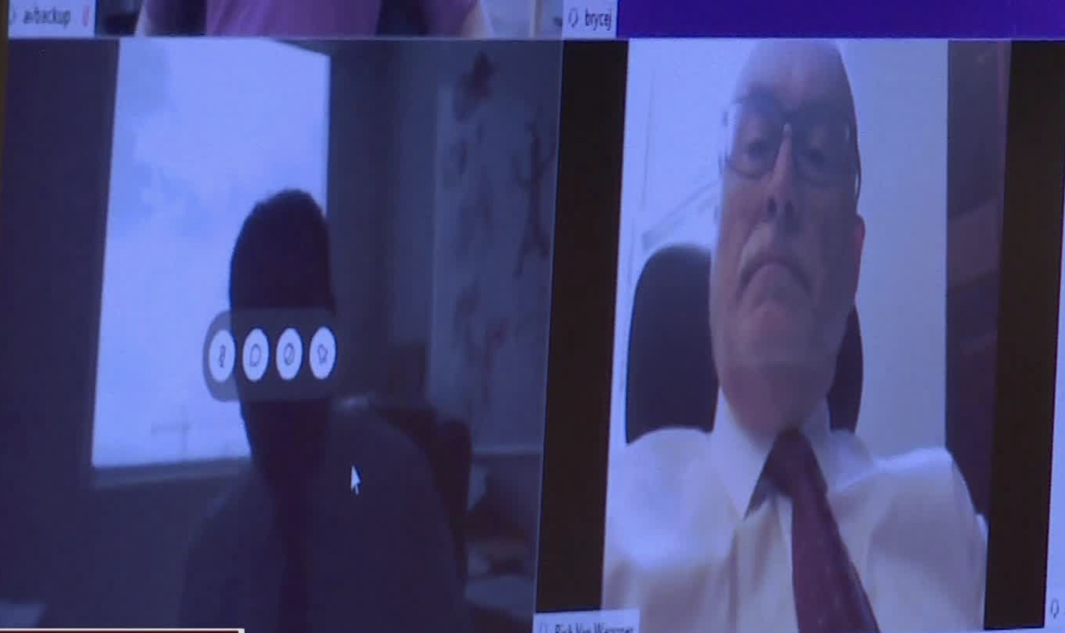 Screenshot of a digital court hearing on Monday, May 11, 2020 for Colin Jeffery “CJ” Haynie, left, who is represented by defense lawyer Richard Van Wagoner, right.