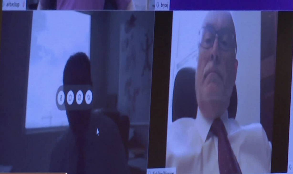 Screenshot of a digital court hearing on Monday, May 11, 2020 for Colin Jeffery “CJ” Haynie, left, who is represented by defense lawyer Richard Van Wagoner, right.