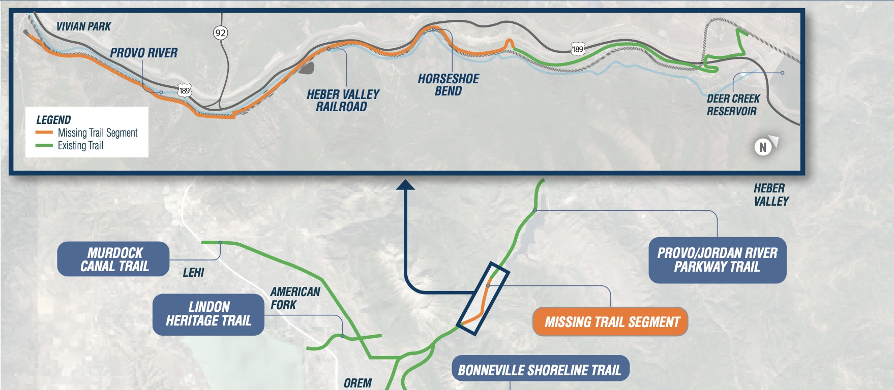 This graphic, created by the Utah Department of Transportation, shows where the Provo Canyon Parkway Trail Gap would go and the relationship between the river trail and other trails in Utah County. (Credit: Utah Department of Transportation)