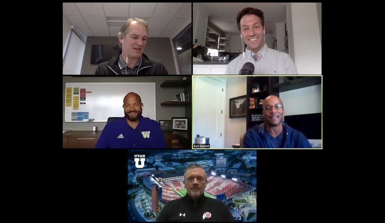 Head coaches from three Pac-12 schools — Karl Dorrell, Colorado; Kyle Whittingham, Utah; and Jimmy Lake, Washington — discuss the potential return to football in a Tuesday morning video conference with Pac-12 analyst Yogi Roth. (Photo: Zoom screen capture)