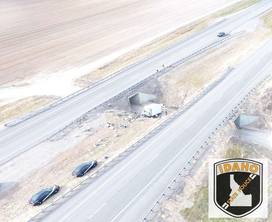 Two people and 14 dogs were killed after a Friday morning crash on Interstate 15 west of Shelley. (Photo: Idaho State Police)