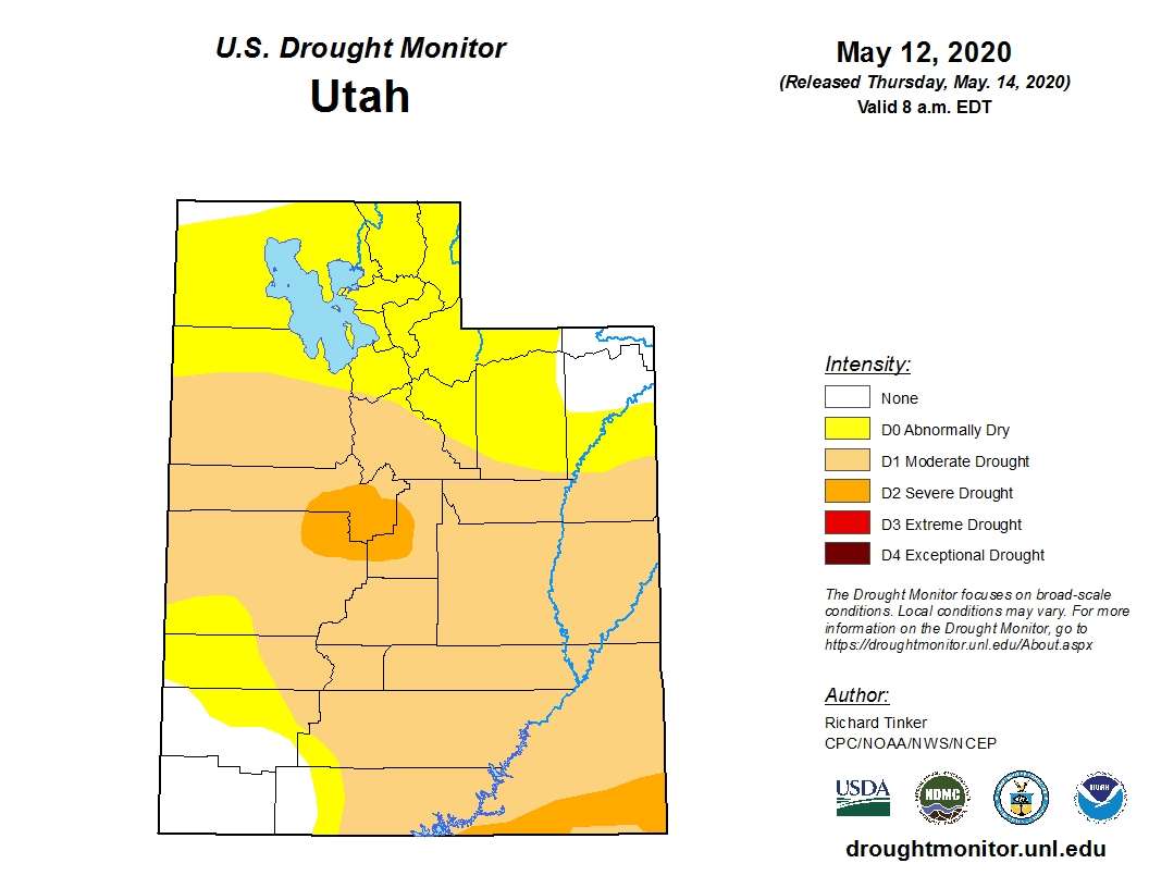 This graphic shows drought conditions in Utah as of May, 12, 2020. The U.S. Drought Monitor says at least 60% of the state is experiencing a moderate drought. (Graphic: U.S. Drought Monitor)