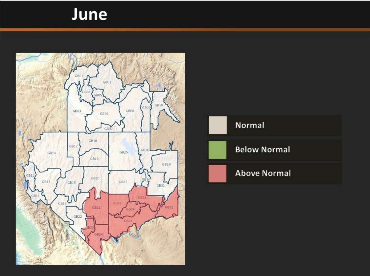 This graphic by the Great Basin Coordination Center shows fire conditions in a part of the west, including Utah, for June 2020. Southern parts of the state have a above-normal fire risk, according to the map. (Graphic: Great Basin Coordination Center)