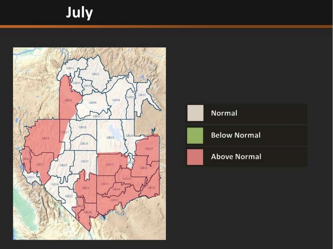 This graphic by the Great Basin Coordination Center shows fire conditions in a part of the west, including Utah, for July 2020. Most parts of the state have an above-normal fire risk, according to the map. (Graphic: Great Basin Coordination Center)