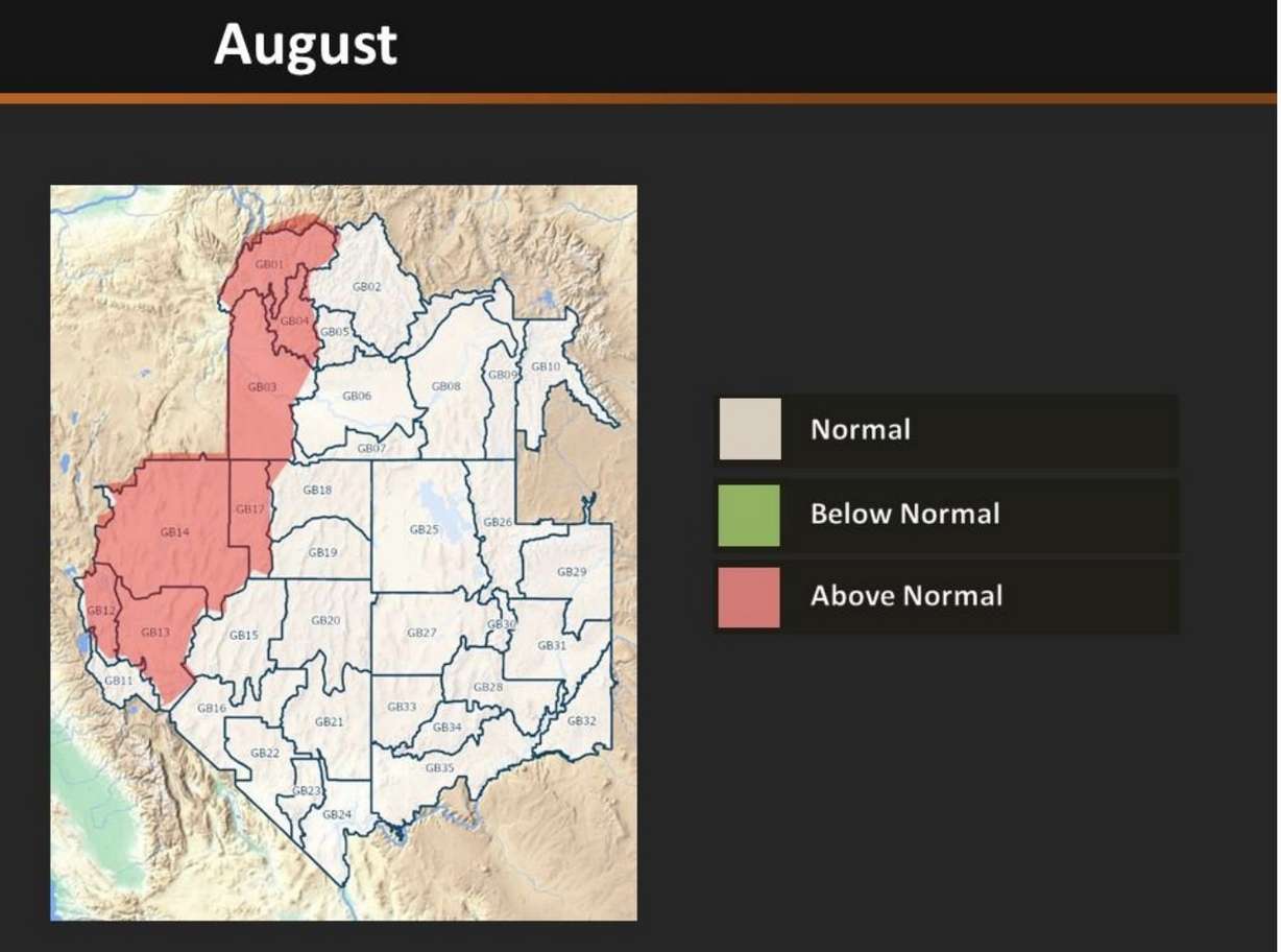 This graphic by the Great Basin Coordination Center shows fire conditions in a part of the west, including Utah, for August 2020. The fire risk at that point is normal for most of Utah. (Graphic: Great Basin Coordination Center)