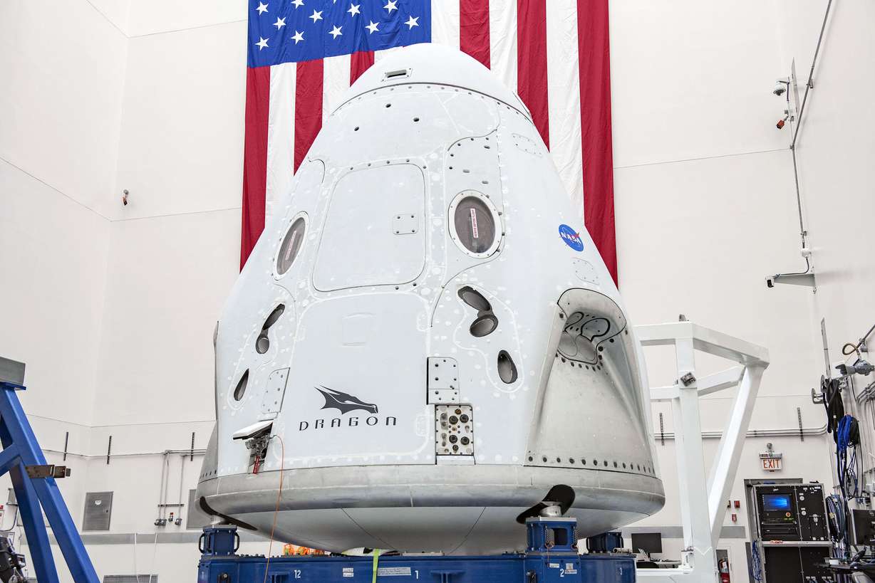 This April 2020 photo made available by SpaceX shows the company's Crew Dragon spacecraft undergoing final processing at Cape Canaveral Air Force Station, Fla,, in preparation for the May 27, 2020, Demo-2 launch with NASA astronauts Bob Behnken and Doug Hurley to the International Space Station for NASA's Commercial Crew Program. (Photo: SpaceX via AP)