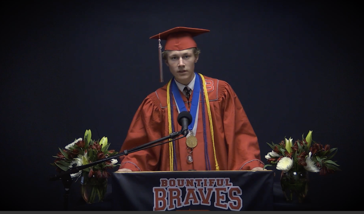 Bountiful student body president Andrew Hyde during Tuesday's virtual graduation ceremonies broadcast on live.ksl.com. (Photo: live.ksl.com)