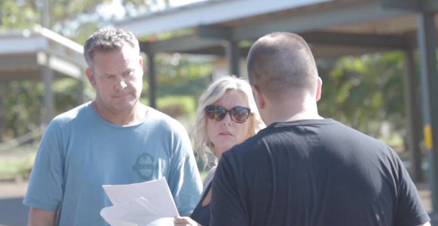 Chad and Lori Daybell refuse to comment on the whereabouts of JJ and Tylee when Nate Eaton confronts them in January in Kauai, Hawaii. (Photo: EastIdahoNews.com)