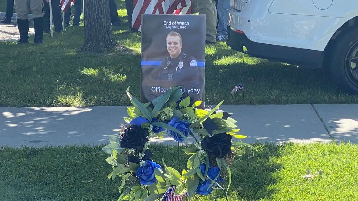 A picture of Nathan Lyday, an Ogden police officer killed in the line of duty in 2020, is displayed in Ogden on May 29, 2020. Ogden leaders are mulling naming the Marshall White Center fieldhouse after Lyday.