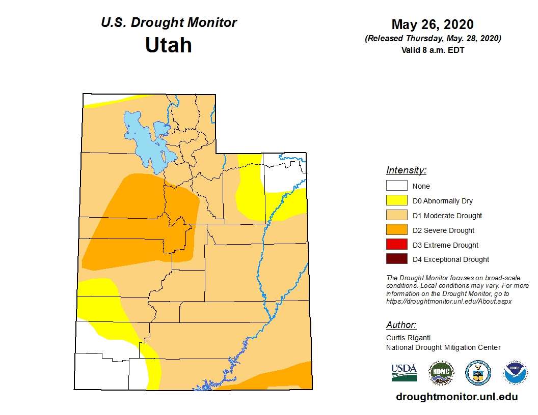 This graphic shows drought conditions in Utah as of May 26, 2020. The U.S. Drought Monitor says at least 80% of the state is experiencing a moderate drought. (Graphic: U.S. Drought Monitor)