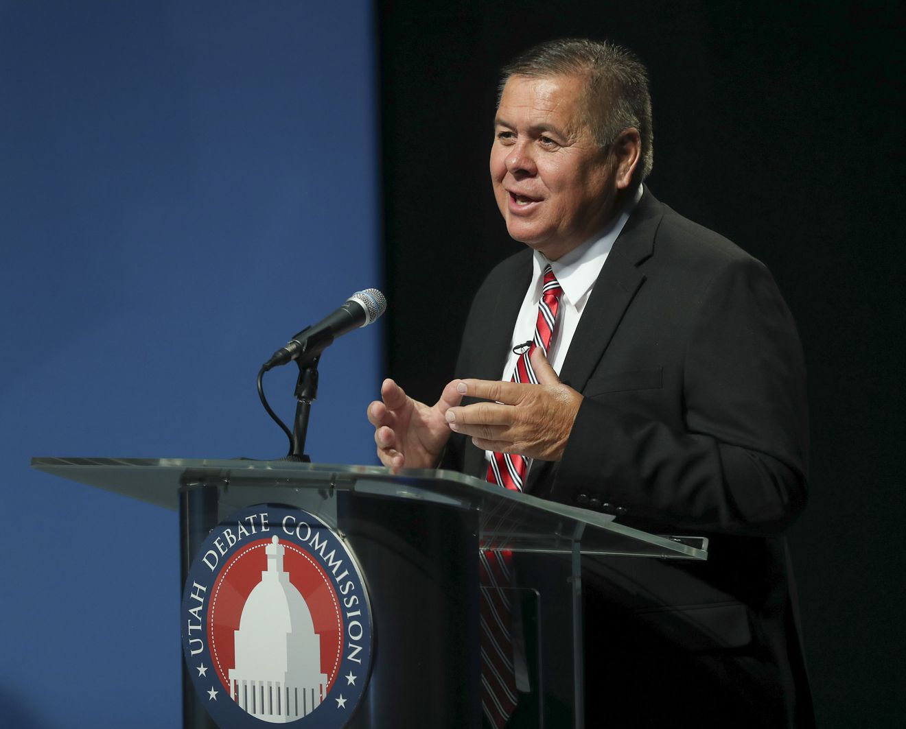 Jamie Cheek, left, and Darren Parry laugh during a 1st Congressional District Democratic debate at the PBS Utah studios on the University of Utah campus in Salt Lake City on Monday, June 1, 2020. (Photo: Steve Griffin, KSL)