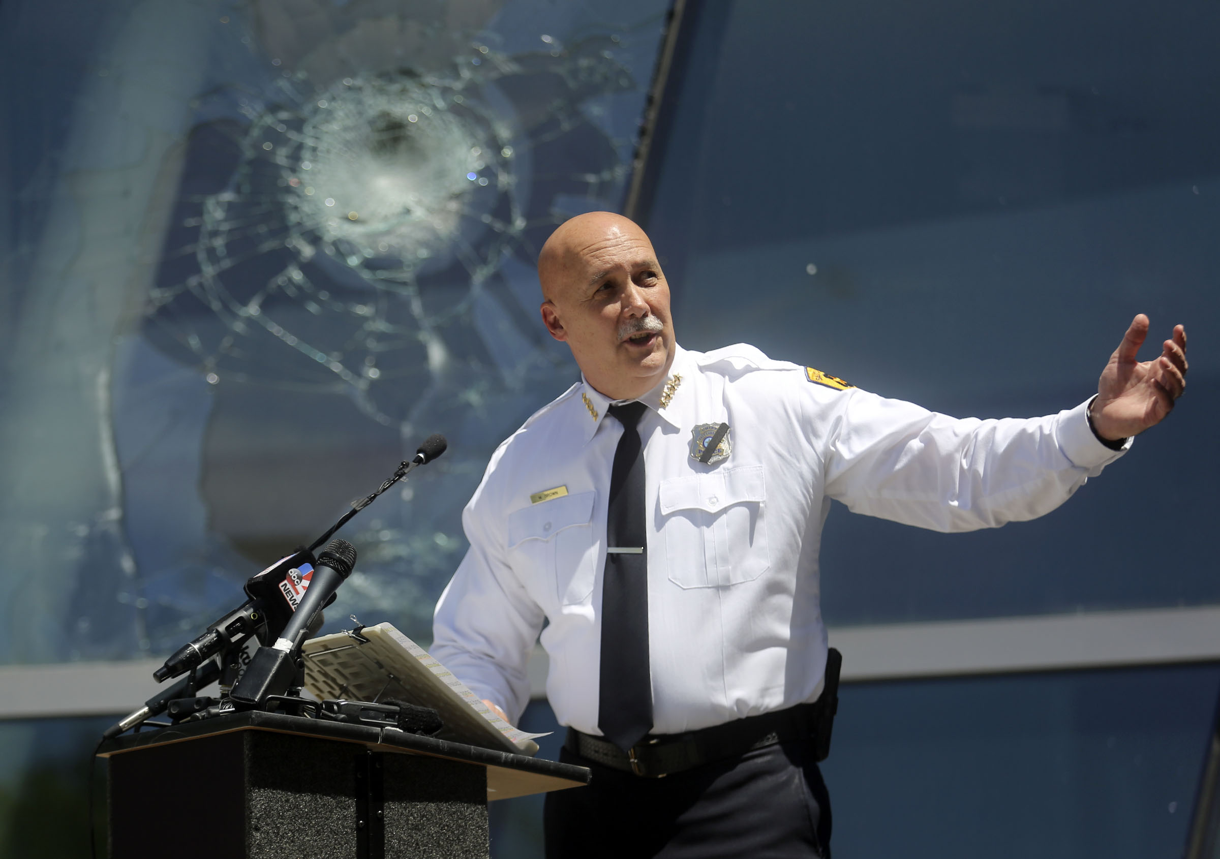 Salt Lake City Police Chief Mike Brown speaks during a press conference outside of the Salt Lake City Public Safety Building in Salt Lake City on Wednesday, June 3, 2020, about federal arson charges filed against Jackson Patton for allegedly setting a Salt Lake police vehicle on fire during Saturday’s protest. (Kristin Murphy, KSL)