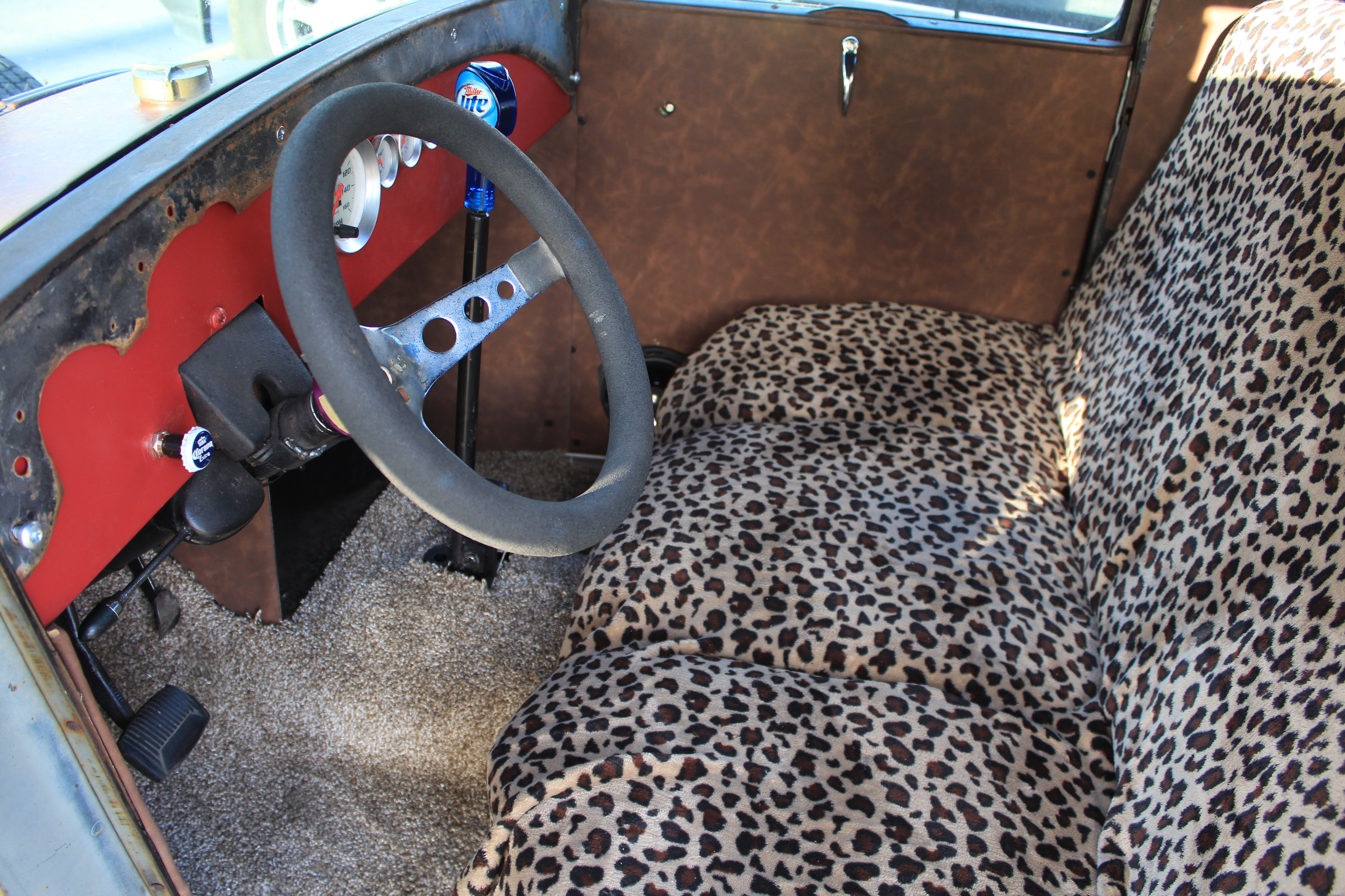 Leopard-print covers the seats from a 1972 Ford pickup, narrowed 18 inches. (Photo: Brian Champagne)