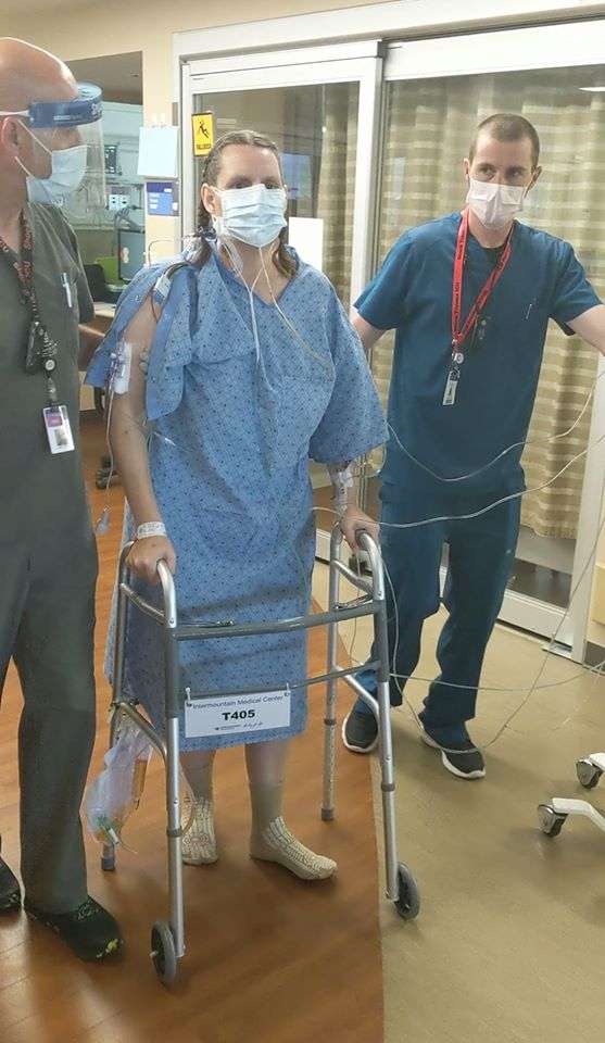 Jamie Derfier walks the hospital floor following her liver transplant. (Photo: Family photo)