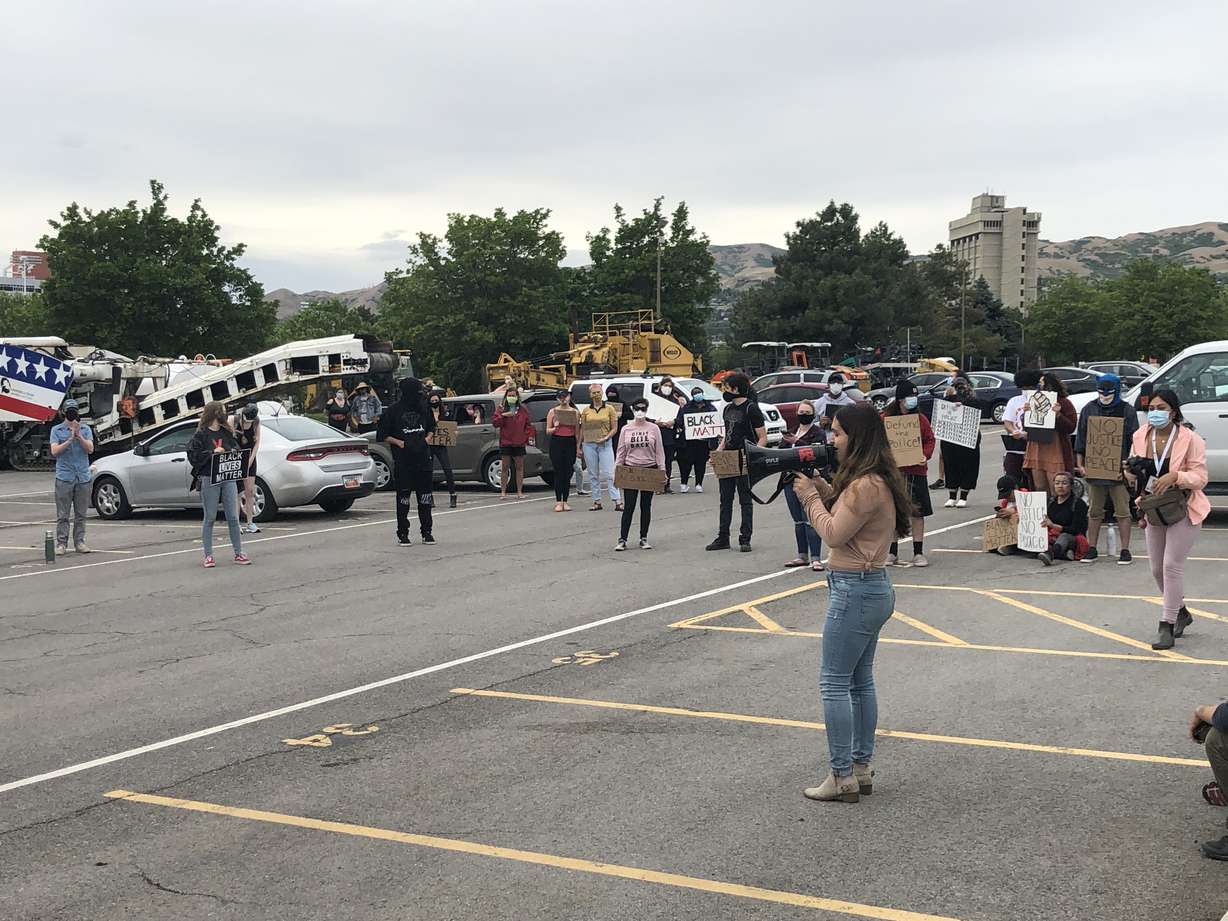 A student delivers a speech following a car caravan demonstration protesting police brutality at the University of Utah on June 6, 2020. (Photo: Jacob Klopfenstein, KSL.com)
