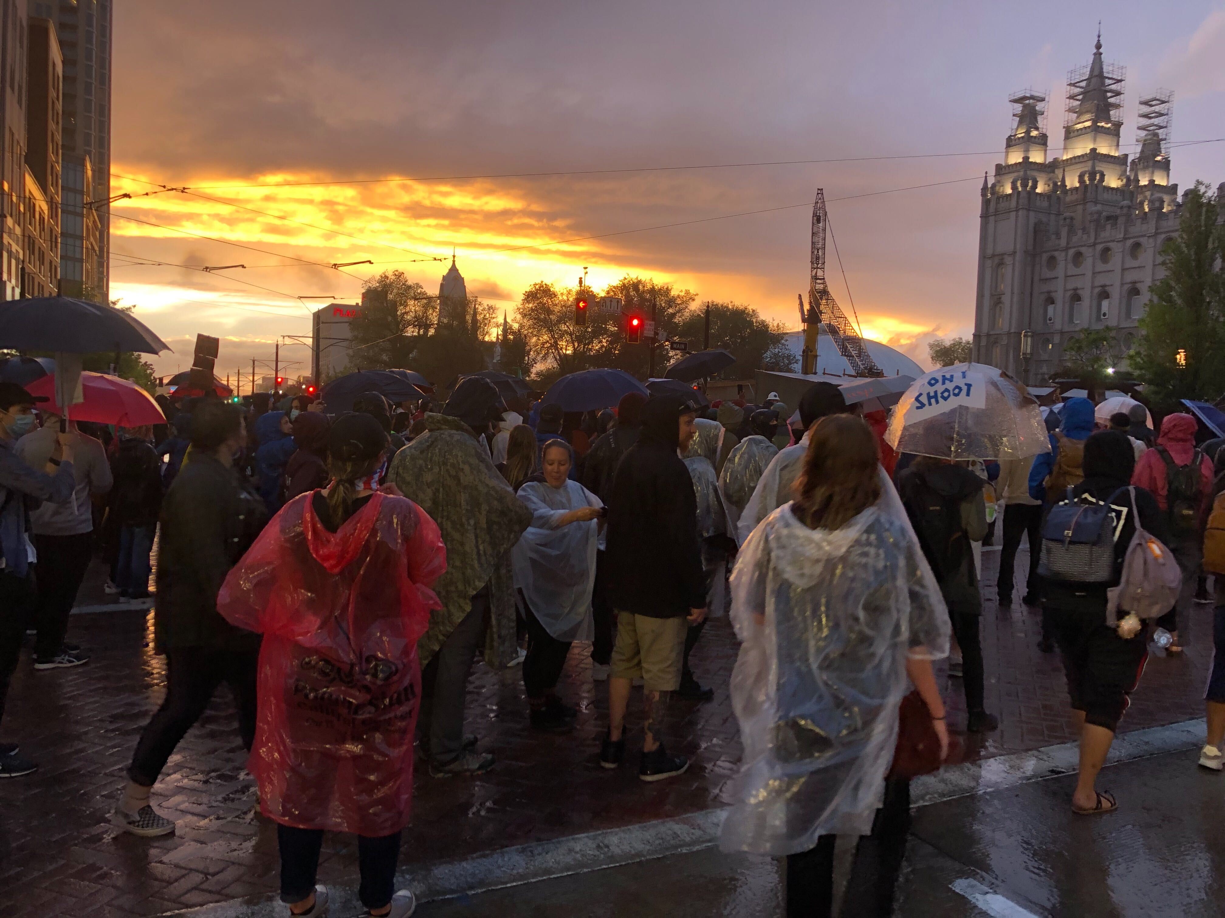 Marchers stop in the intersection of Main Street and South Temple on Saturday, June 6, 2020. Protesters made their way from the Capitol through the streets of Salt Lake to honor the lives of Bernardo Palacios-Carbajal and Breonna Taylor. (Photo: Whitney Evans, KSL.com)