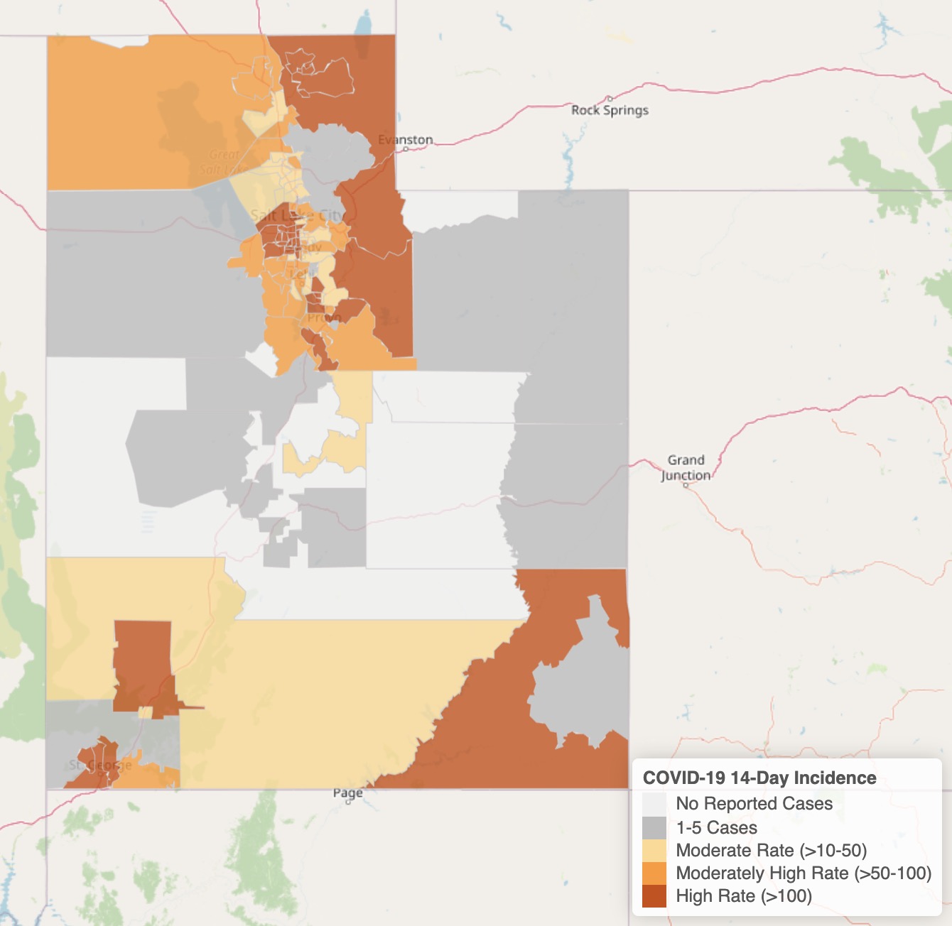 This graphic, created by the Utah Department of Health, shows case rates by community over the past two weeks. The state has reported 3,801 new cases during that timespan. (Graphic: Utah Department of Health)