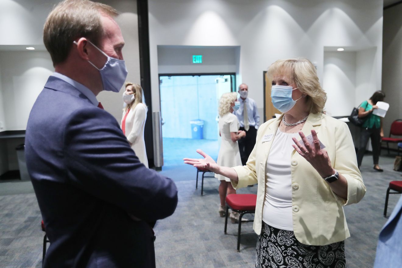 Rep Ben McAdams, D-Utah, talks with Kathy Ruggiero, president of Treasure Tower Rewards, after discussing help for small businesses as they apply for loan forgiveness for money received through the Paycheck Protection Program during a press conference at the Salt Lake Community College Sandy campus on Tuesday, June 9, 2020. (Photo: Scott G Winterton, KSL)