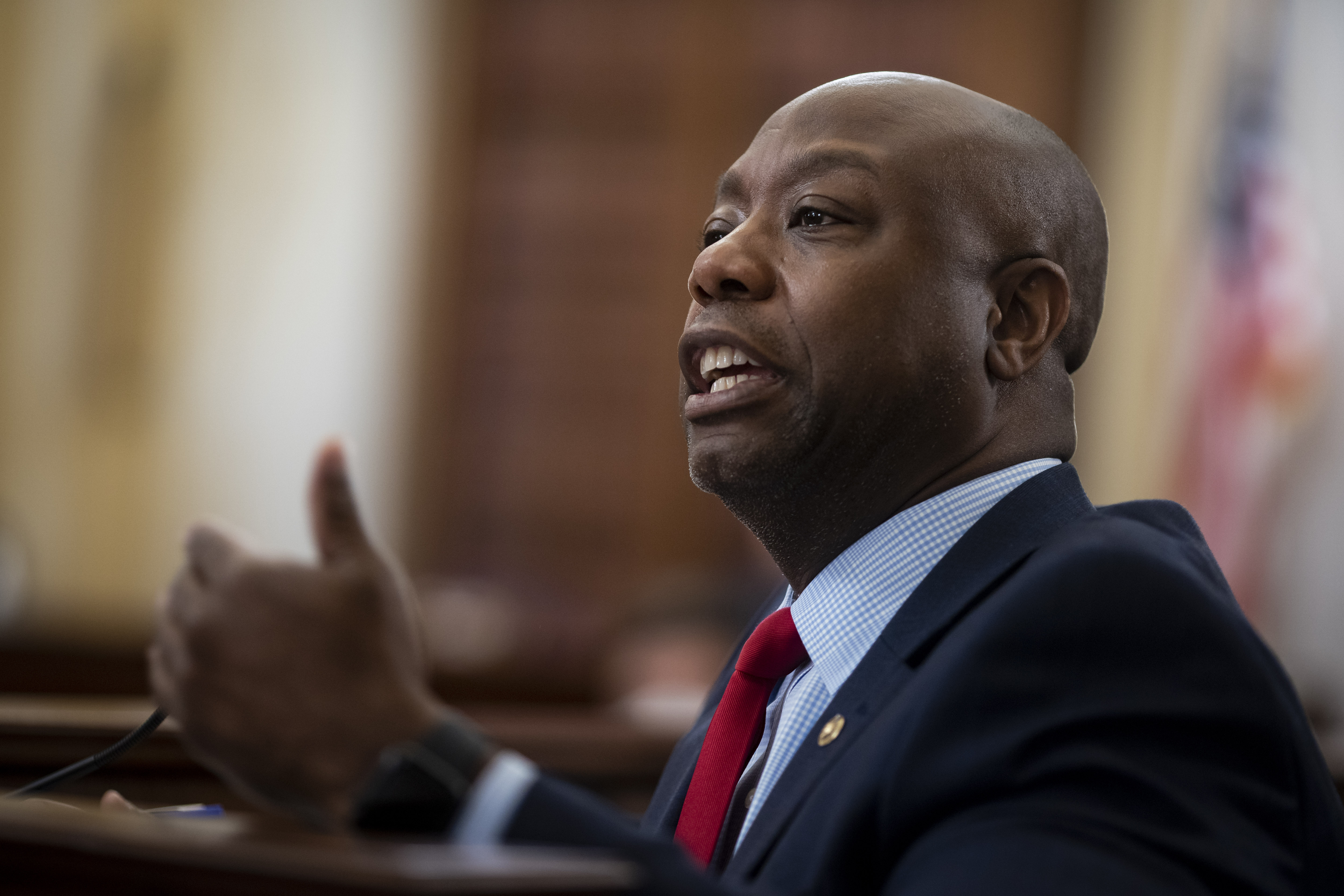 Sen. Tim Scott, R-S.C., speaks during a Senate Small Business and Entrepreneurship hearing to examine implementation of Title I of the CARES Act, Wednesday, June 10, 2020 on Capitol Hill in Washington. (Al Drago/Pool via AP) [Jun-10-2020]