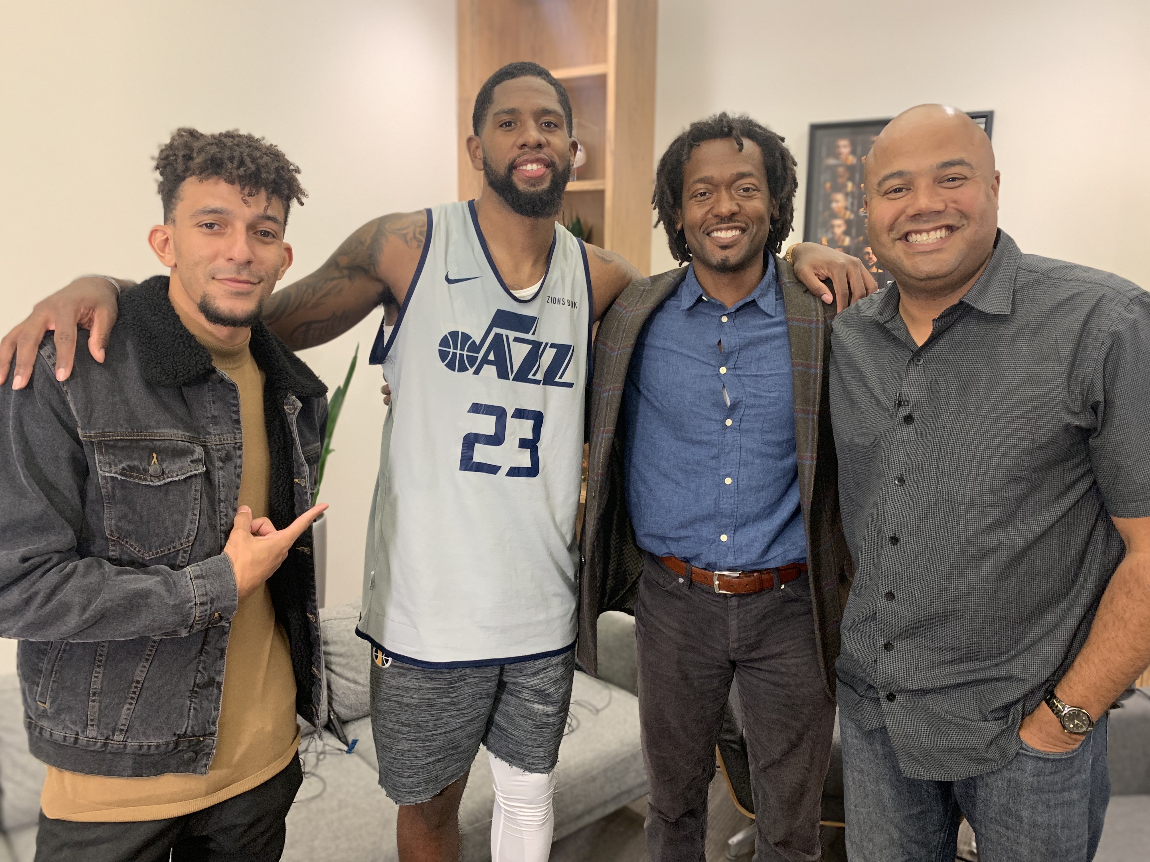 Actor Khleo Thomas, Jazz forward Royce O'Neale, Danor Gerald, and Lonzo Liggins pose for a photo after an interview. (Courtesy of Lonzo Liggins)