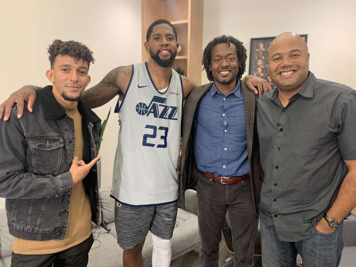 Actor Khleo Thomas, Jazz forward Royce O'Neale, Danor Gerald, and Lonzo Liggins pose for a photo after an interview. (Courtesy of Lonzo Liggins)