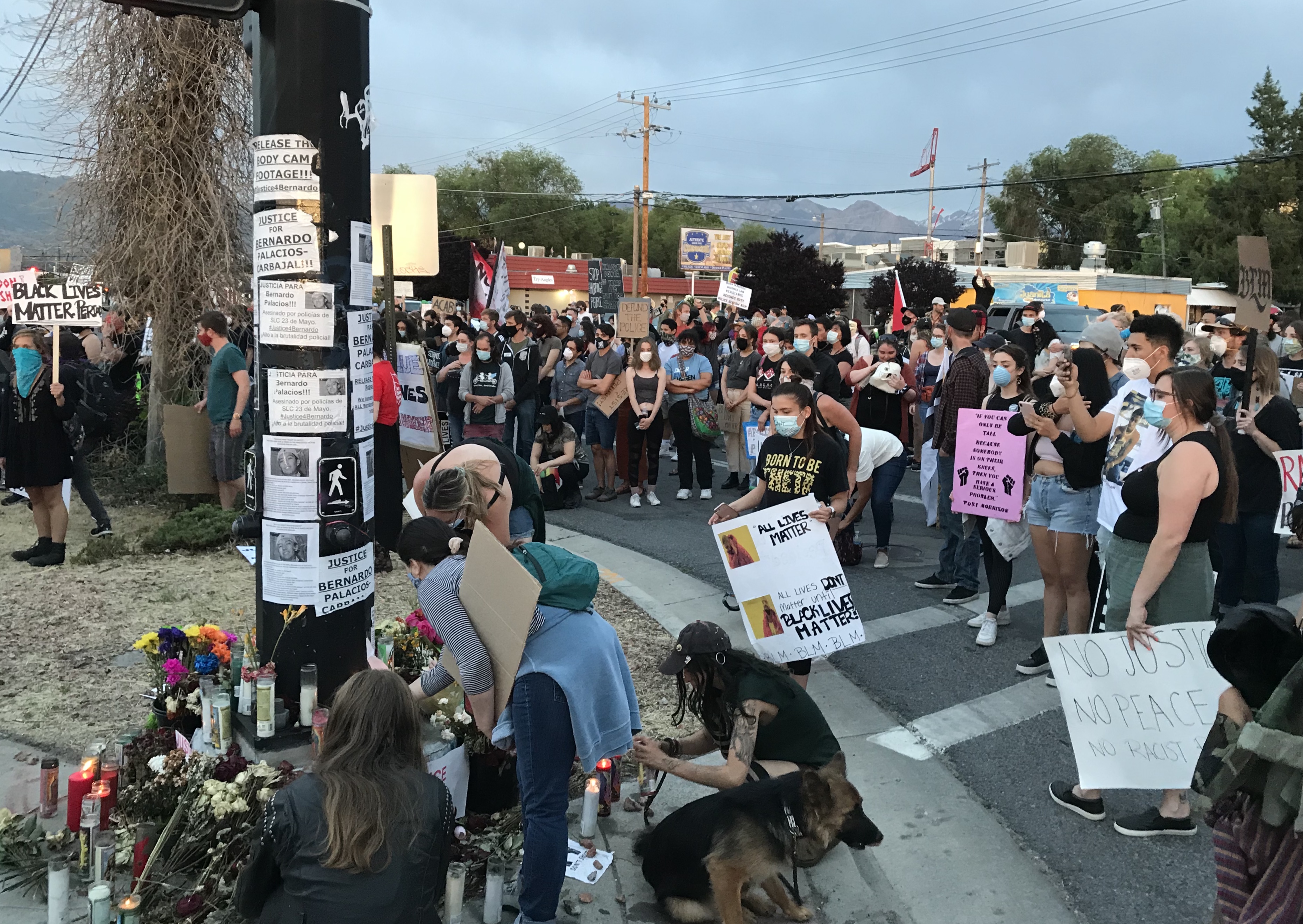 Demonstrators pause at 300 West and 900 South in memoriam of Bernardo Palacios-Carbajal, a Salt Lake City man who was shot and killed after fleeing from police, during a downtown march, Saturday, June 13, 2020 in Salt Lake City. (Photo: Sean Walker, KSL.com)