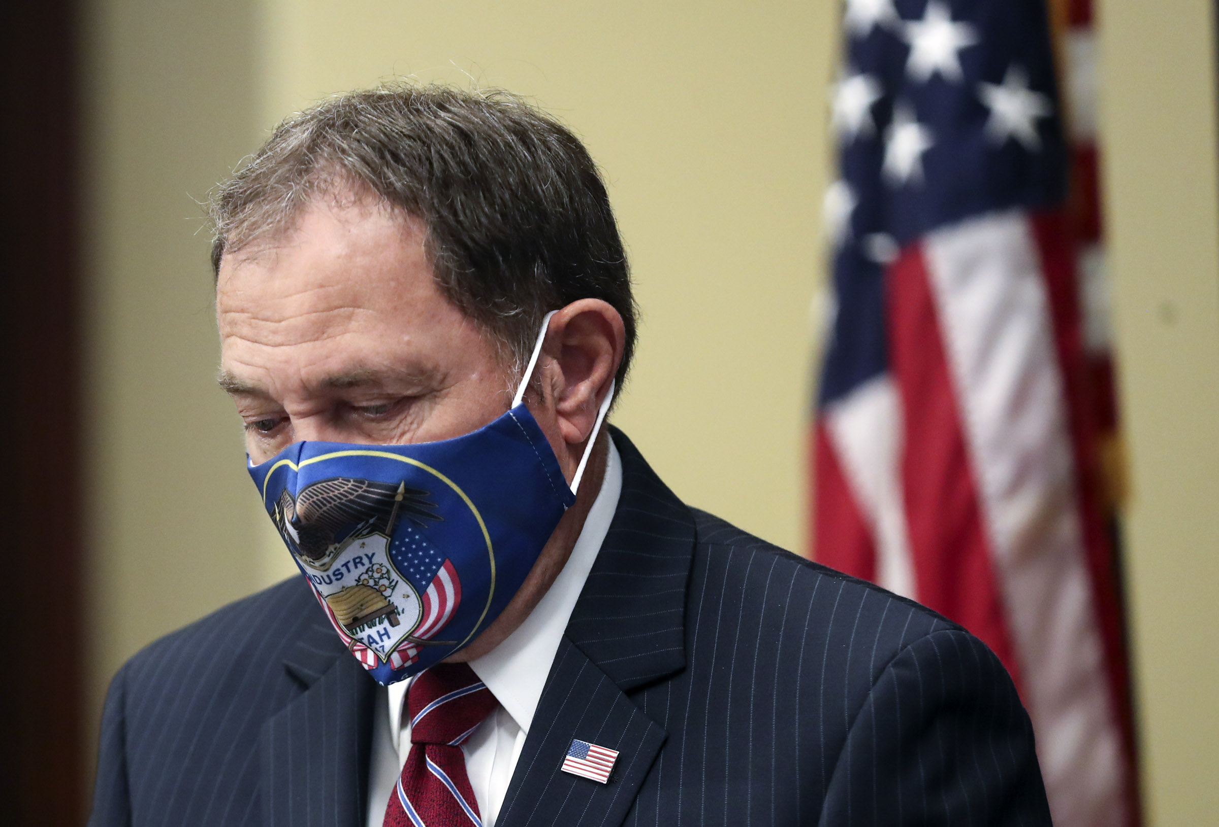 Gov. Gary Herbert wears his mask as he enters a COVID-19 briefing at the Capitol in Salt Lake City on Wednesday, May 20, 2020. (Photo: Steve Griffin, KSL)