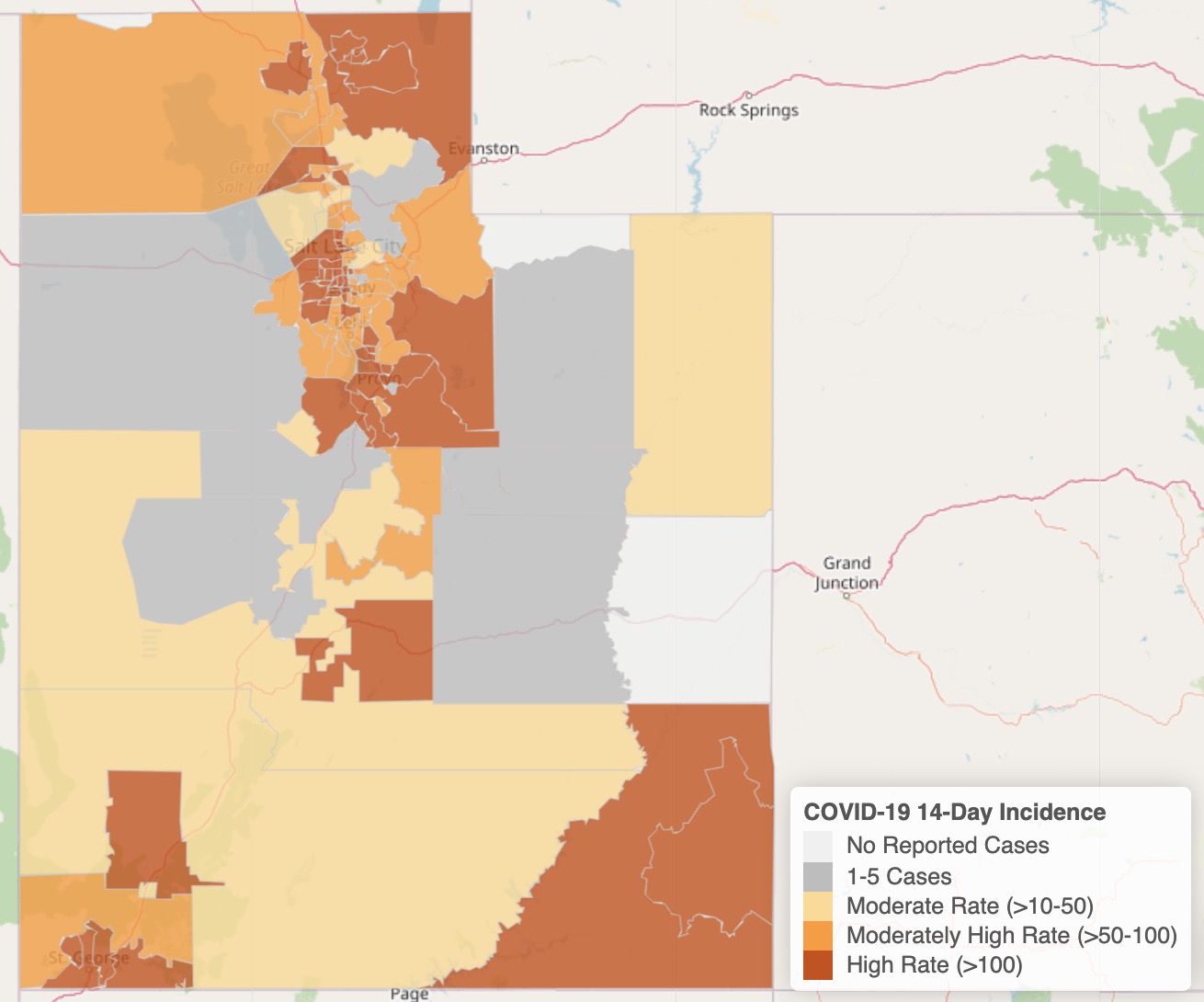 This map shows COVID-19 case rates by area in Utah over the past two weeks. The darker colors indicate a higher rate. (Graphic: Utah Department of Health)