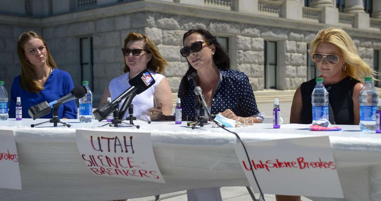 Terry Mitchell, a child sexual abuse survivor, center, sits with other child sexual abuse survivors — Laura vonGermeten, left, Jamie Nagle, Allison Leishman and Alissa Perez, not pictured — as she talks about her abuser during a press conference at the Capitol in Salt Lake City Monday, June 22, 2020. (Photo: Steve Griffin, KSL)