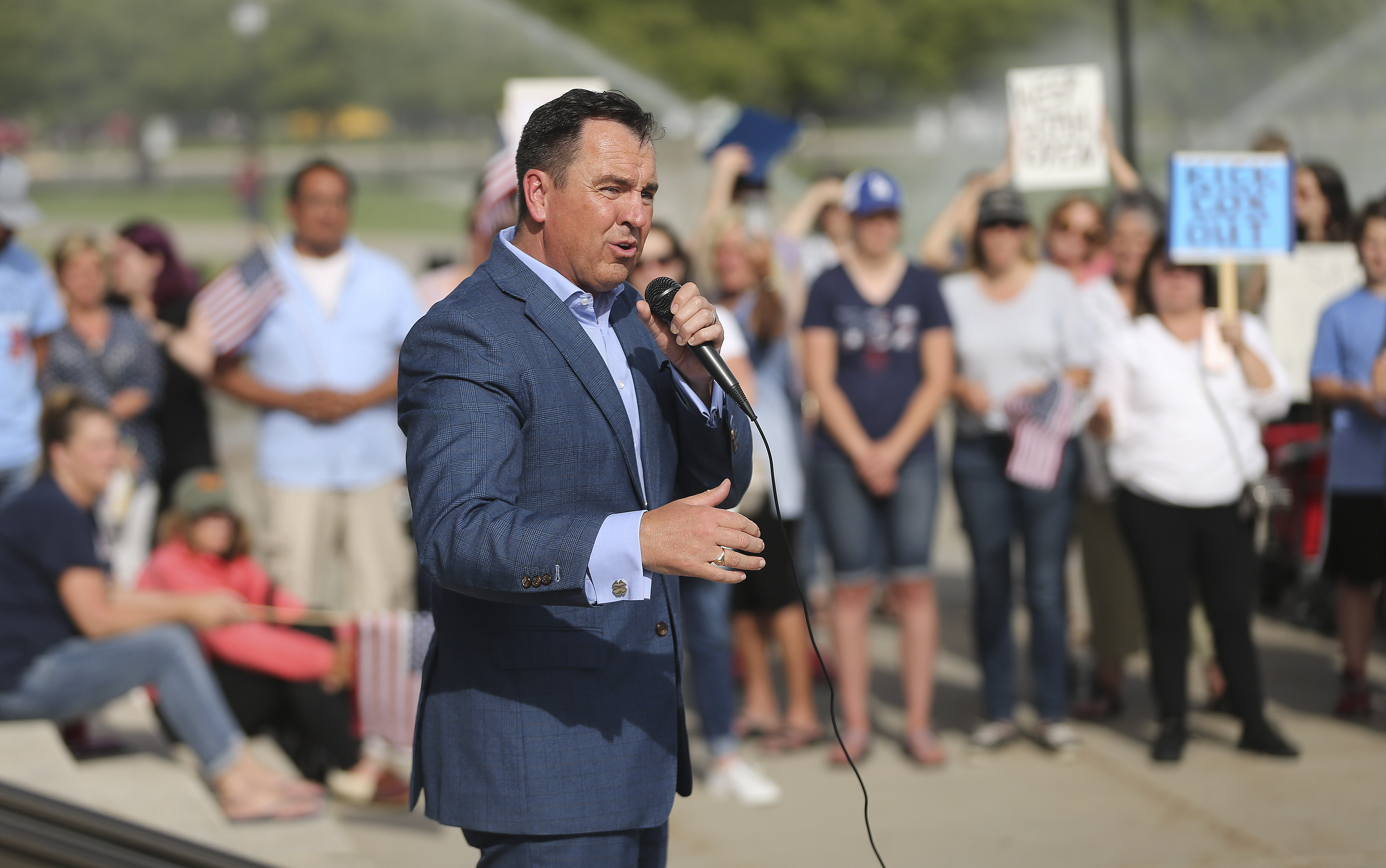 Greg Hughes, gubernatorial candidate and former speaker of the Utah House, speaks during a rally at the Capitol in Salt Lake City on Thursday, June 25, 2020. About 100 people decried the possibility of increased coronavirus restrictions. (Photo: Jeffrey D. Allred, KSL)