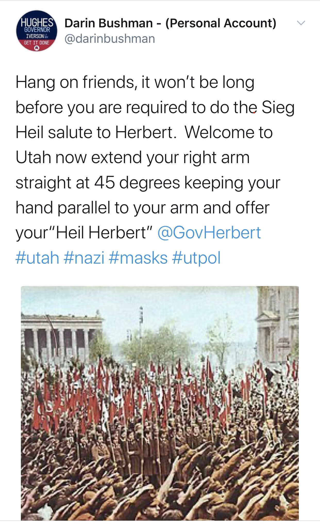 A Piute County commissioner post on Twitter compared Utah Gov. Gary Herbert to a Nazi on Thursday, June 25, 2020. The tweet has since been deleted.