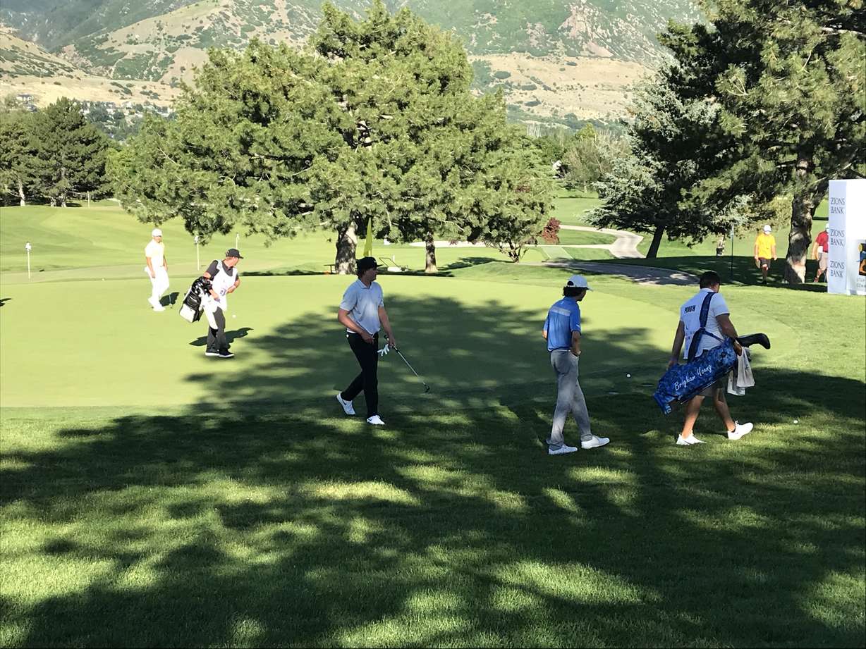 BYU freshman Cole Ponich, left, with 17-year-old Preston Summerhays on No. 18 during the second round of the Utah Championship, Friday, June 26, 2020 at Oakridge Country Club in Farmington. Fishburn shot 3-under-par 68 to survive the cut and advance to Saturday's moving day. (Photo: Sean Walker, KSL.com)