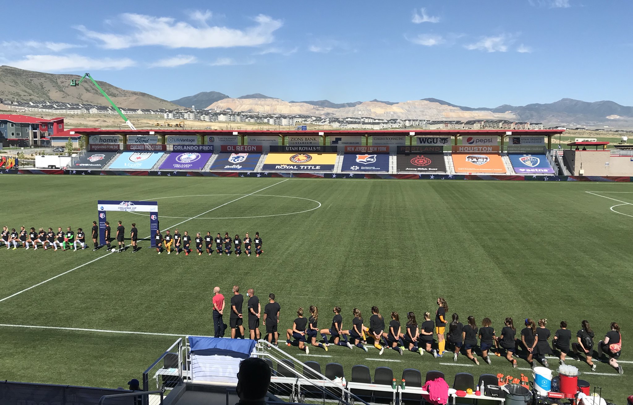 Players, coaches and match officials take a knee in solidarity with Black Lives Matter prior to the opening kickoff between the North Carolina Courage and Portland Thorns FC in the first game of the NWSL Challenge Cup, Saturday, June 27, 2020 at Zions Bank Stadium in Herriman. (Photo: Sean Walker, KSL.com)