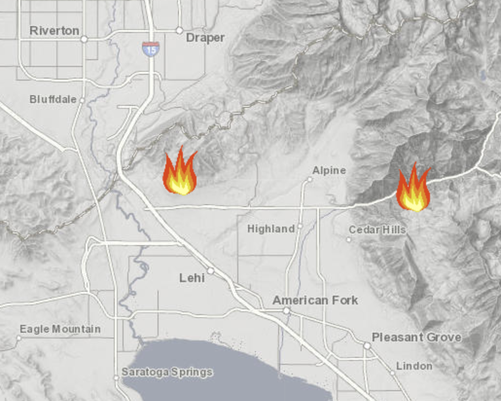 This map shows two fires, the Traverse Fire near Lehi and Alpine as well as a fire near American Fork Canyon, that started raging late Saturday night, June 27, 2020 and into Sunday morning. (Screenshot: utahfireinfo.gov)