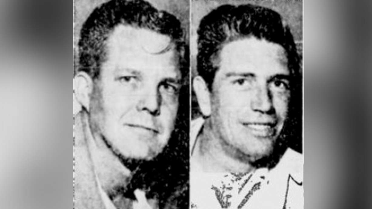 Alan Larsen, left, and Gray Meyer, right, were stranded on the tramway to Farnsworth Peak for three hours after the cable broke on Monday, Nov. 19, 1962. They were both rescued with the help of a KSL worker who raced from the peak down to the scene. (Photo: Deseret News Archives)